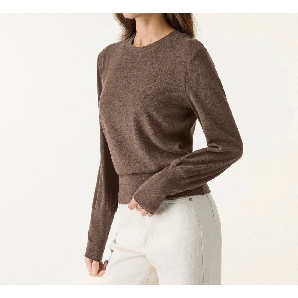 OGL Women's Elevated Crewneck Brushed Brami Banded Hem Brown M Medium New